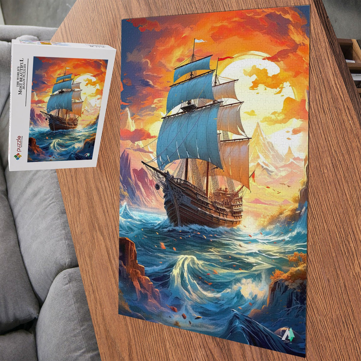 Treacherous Sailing Puzzle featuring a ship navigating ocean waves, available in 500 or 1000 pieces, crafted from premium ivory cardboard with satin finish.
