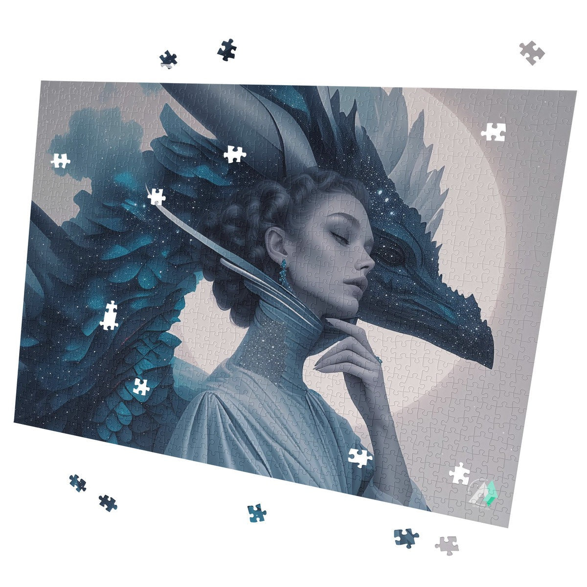 Wyvern Wyre II Puzzle: A 500 or 1000-piece jigsaw featuring a woman with a dragon next to her head, crafted from premium ivory cardboard with satin finish.