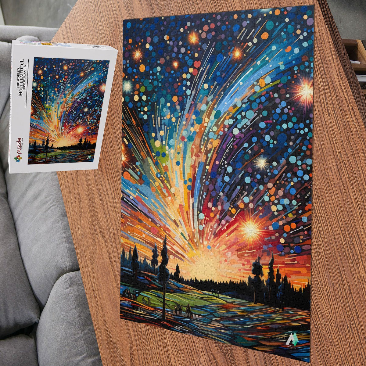 Meteor Shower Puzzle featuring vibrant artwork by @aihabit, available in 500 and 1000 pieces, crafted from premium ivory cardboard with satin finish.