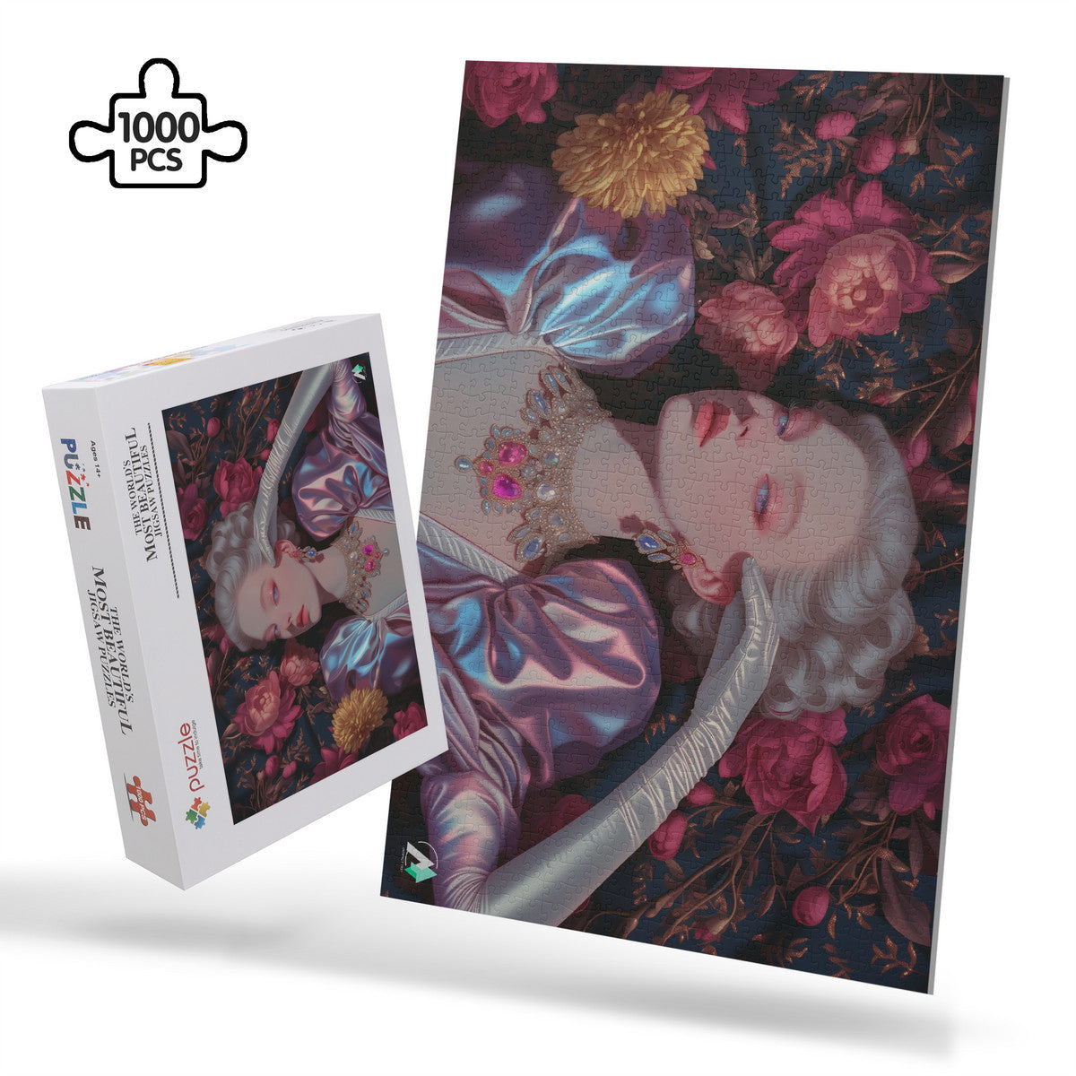 Let Them Eat Cake I Puzzle depicting a woman with jewelry, featuring intricate artwork by @shinjoku13, available in 500 and 1000-piece options.