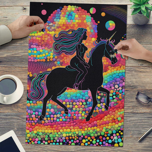 Rainbow Runner Puzzle featuring a woman riding a unicorn, available in 500 or 1000 pieces, crafted from premium ivory cardboard with a satin finish.