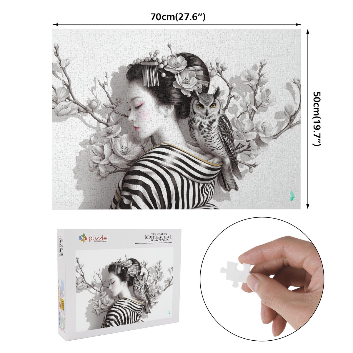 Geisha Perch Puzzle features a woman with an owl on her shoulder, available in 500 or 1000 pieces, crafted from premium ivory cardboard.
