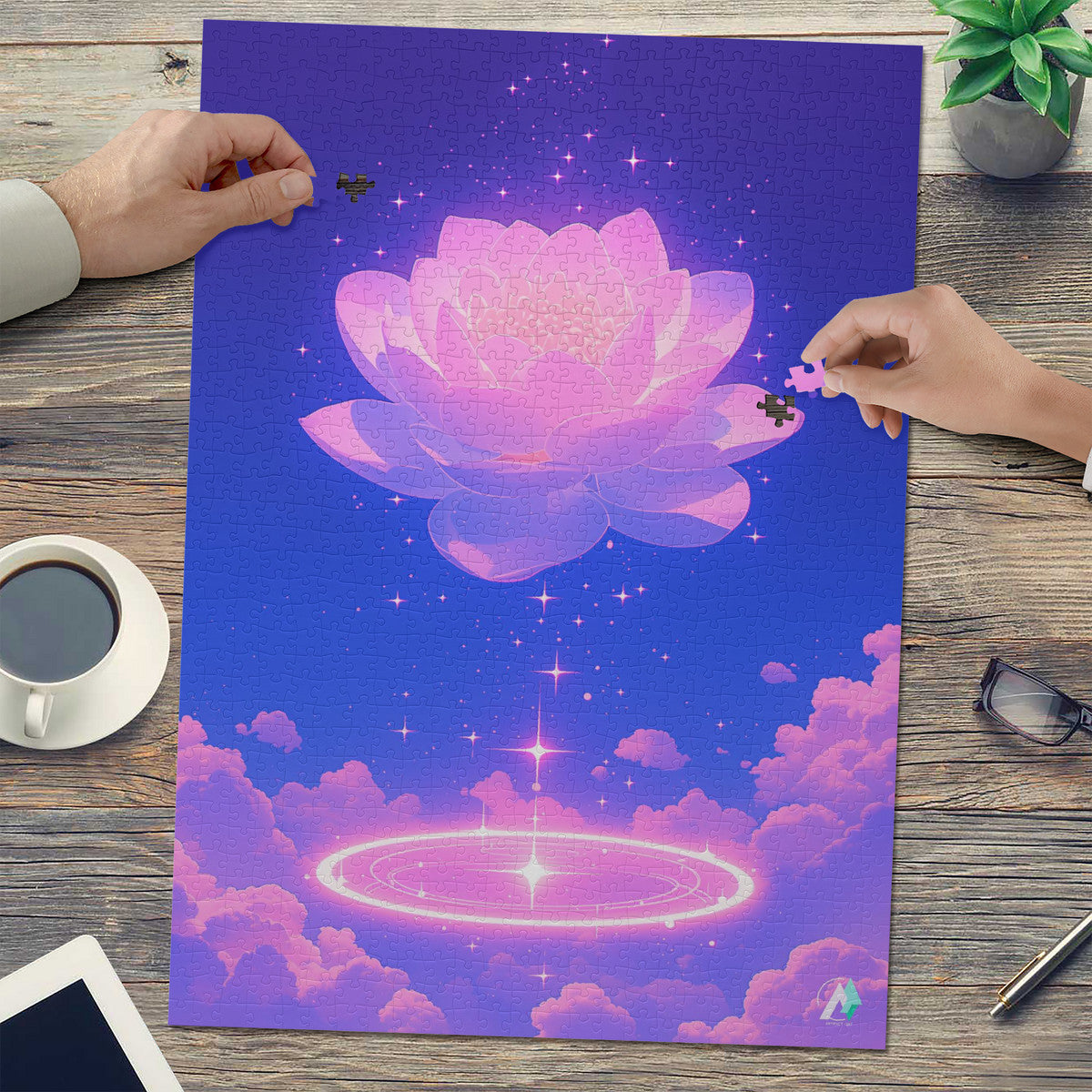 Celestial Bloom III Puzzle, featuring a flower design with clouds, available in 500 or 1000 pieces, crafted from premium ivory cardboard.