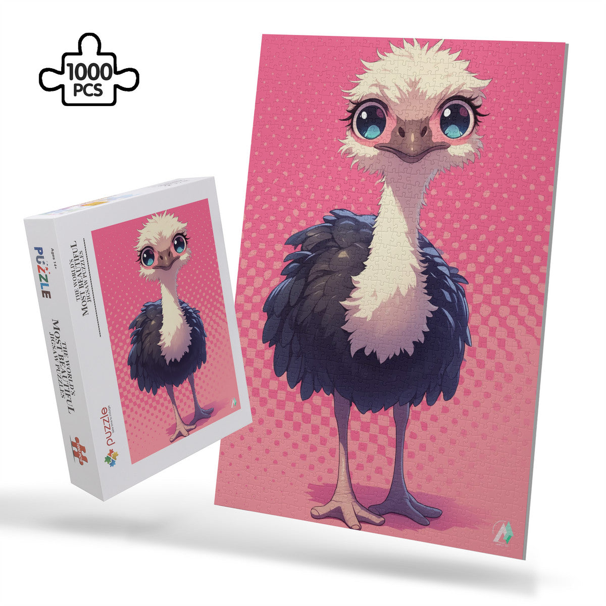 Chibi Safari Ostrich Puzzle: A cartoon ostrich puzzle, available in 500 or 1000 pieces, crafted from premium ivory cardboard with a satin finish.