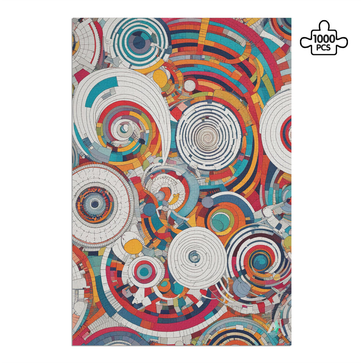 Spiral Abstraction I Puzzle featuring a vibrant, psychedelic spiral design, available in 500 or 1000 pieces, crafted from premium ivory cardboard with a satin finish.