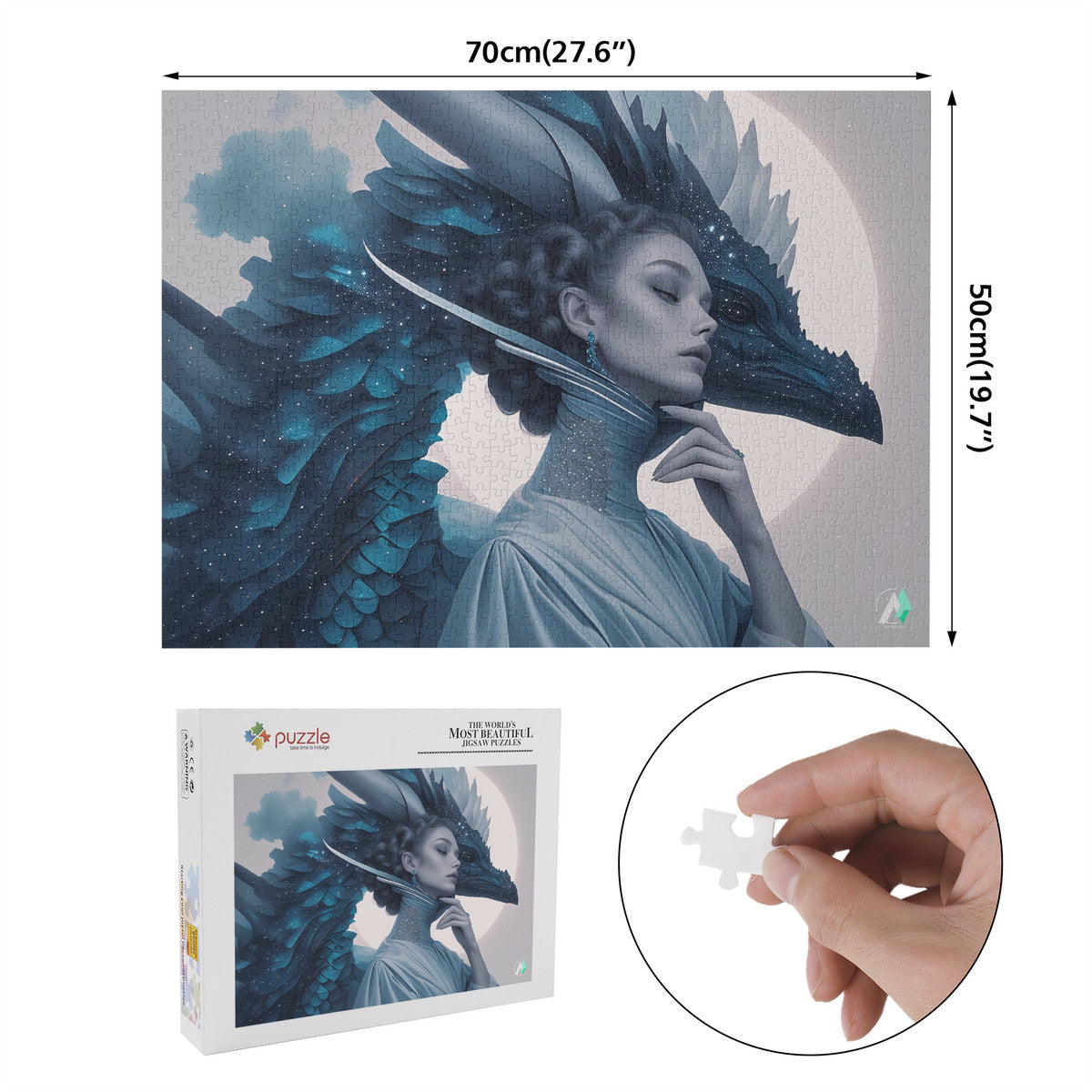 Wyvern Wyre II Puzzle: A 500 or 1000-piece jigsaw featuring a woman with a dragon next to her head, crafted from premium ivory cardboard with satin finish.