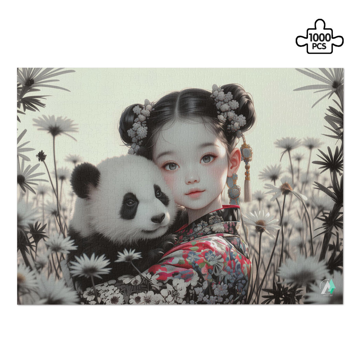 Panda Princess puzzle features a girl holding a panda, crafted on premium ivory cardboard. Available in 500 and 1000 pieces, designed by @shinjoku13.