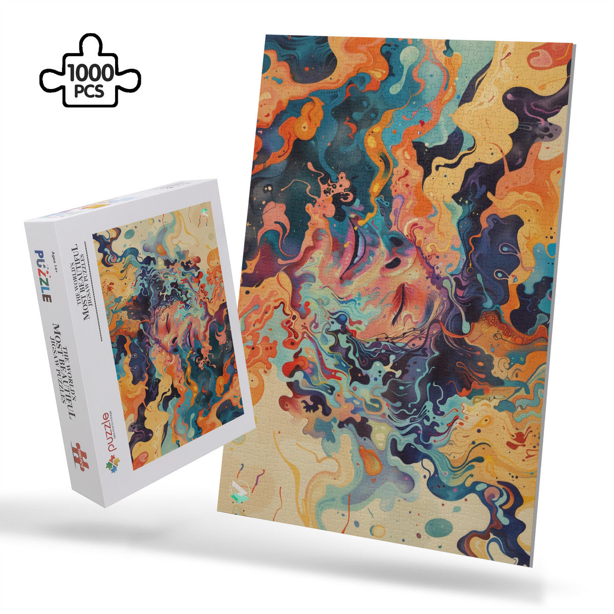 Liquid Trance II Puzzle features a vibrant, modern artwork of a woman's face, available in 500 or 1000 pieces, crafted from premium ivory cardboard.