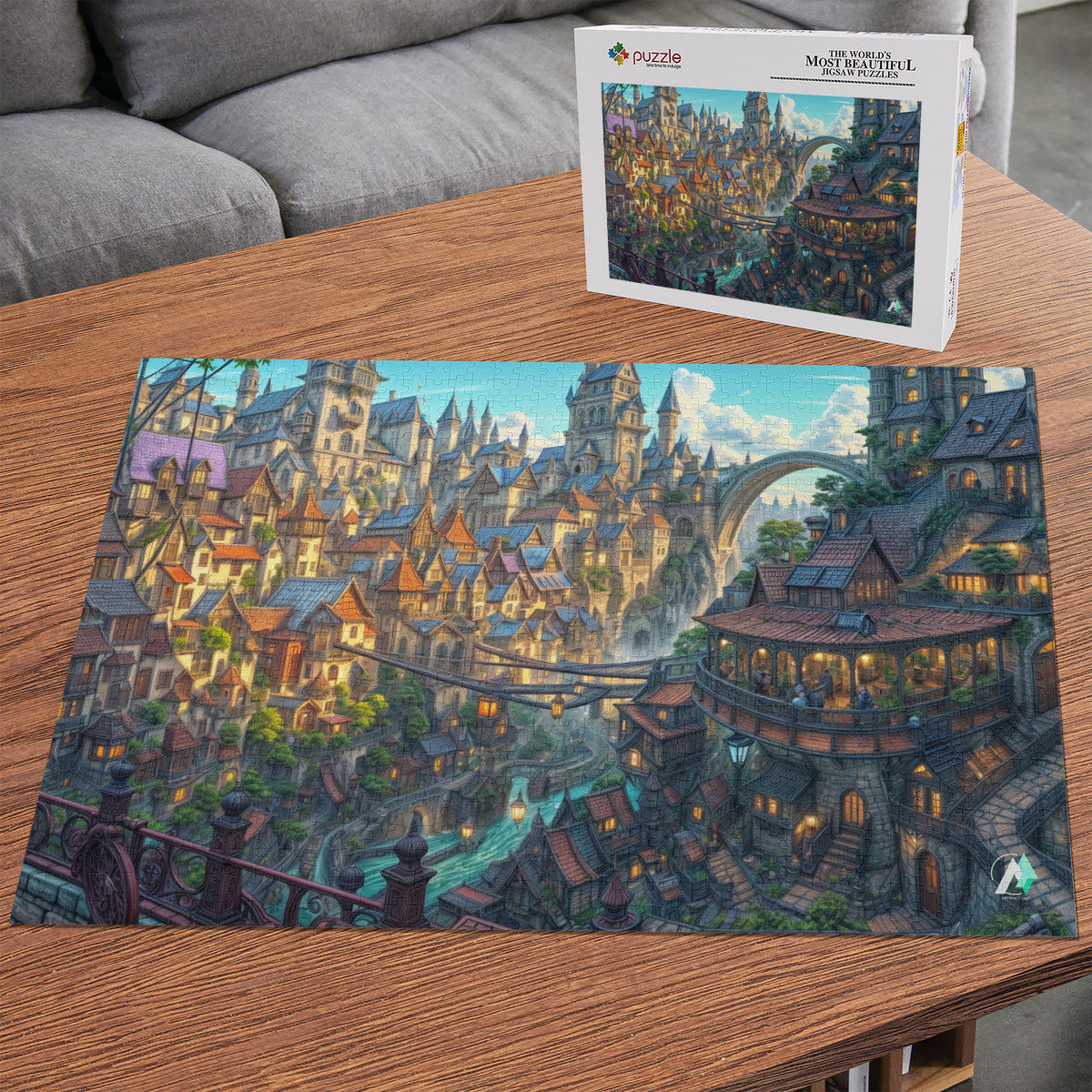 Lumina Heights Puzzle featuring a fantasy cityscape design, available in 500 or 1000 pieces, crafted from premium ivory cardboard with satin finish.