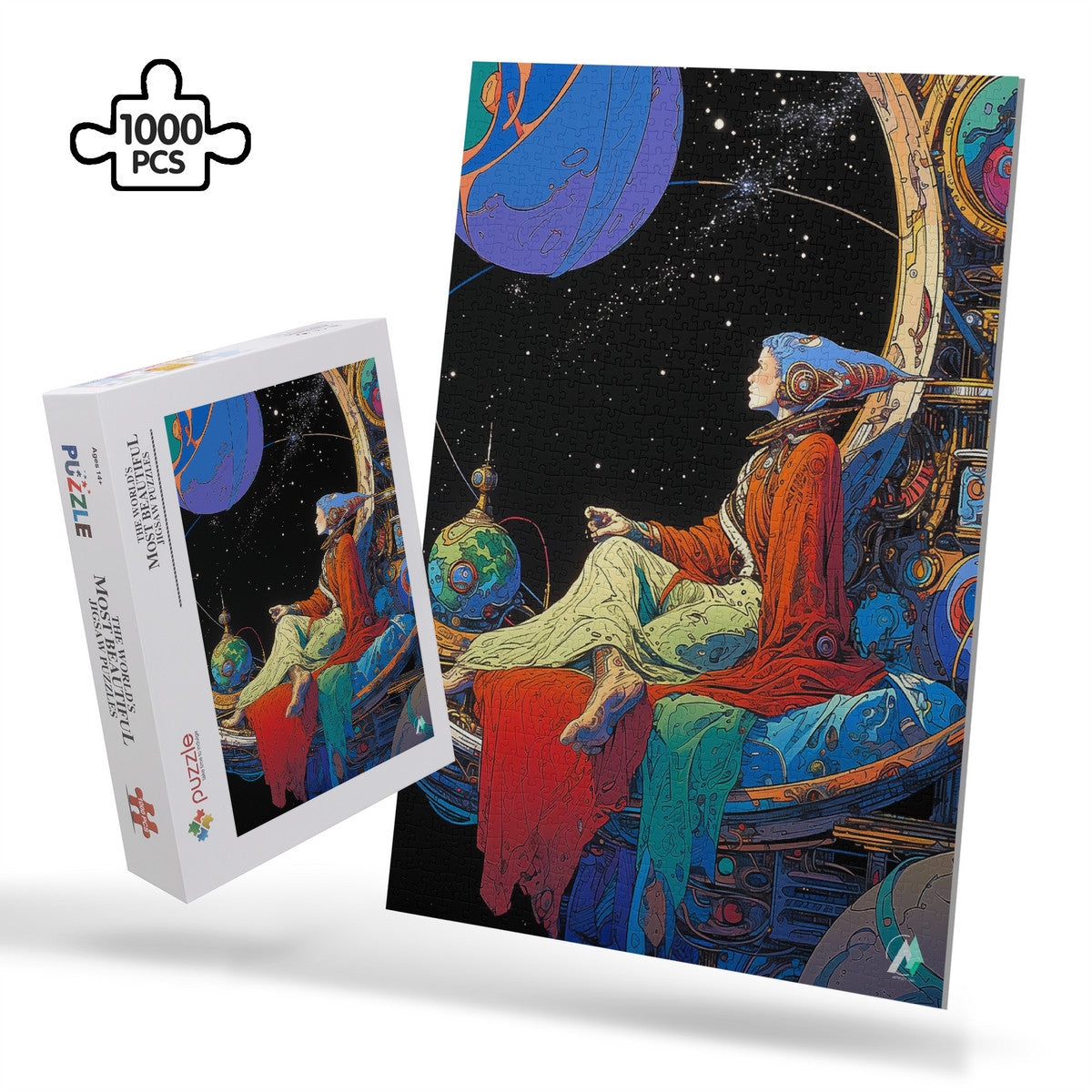 Galleria Galactica III Puzzle: Illustration of a woman sitting on a spaceship; available as a 500 or 1000-piece premium jigsaw puzzle.