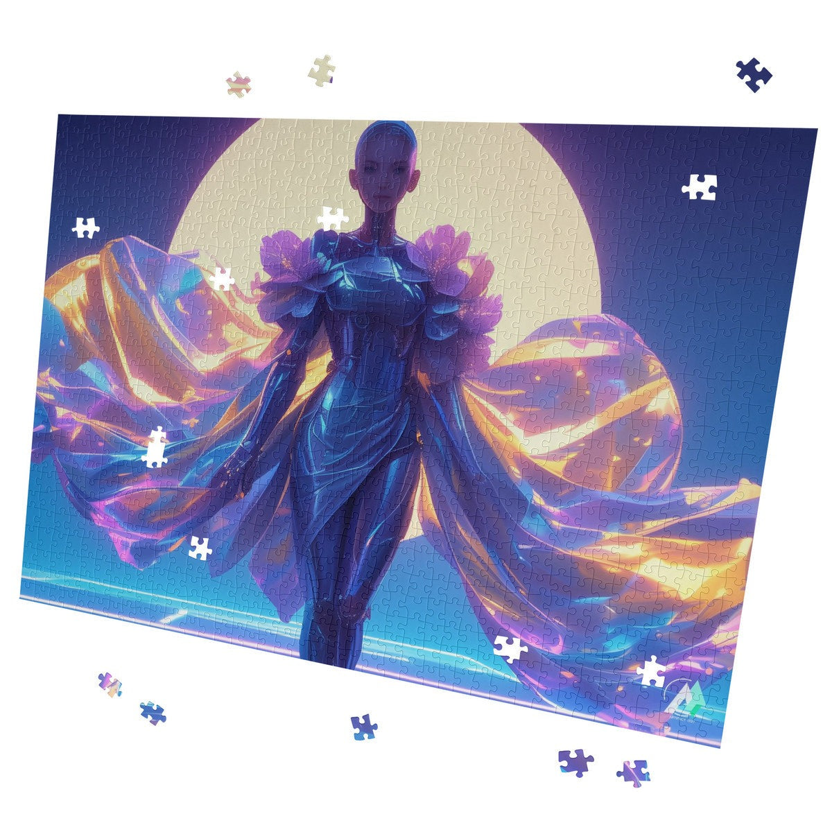 Amara-X II Puzzle featuring a woman in a garment, combining art and fashion. Available in 500 and 1000 pieces, made from premium cardboard.