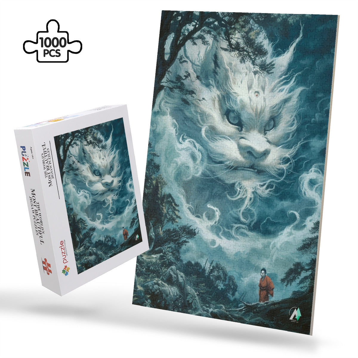The Yokai Mystiques II Puzzle features intricate designs, including a white lion, air dragon, and abstract faces, by artist @ainfusionart.