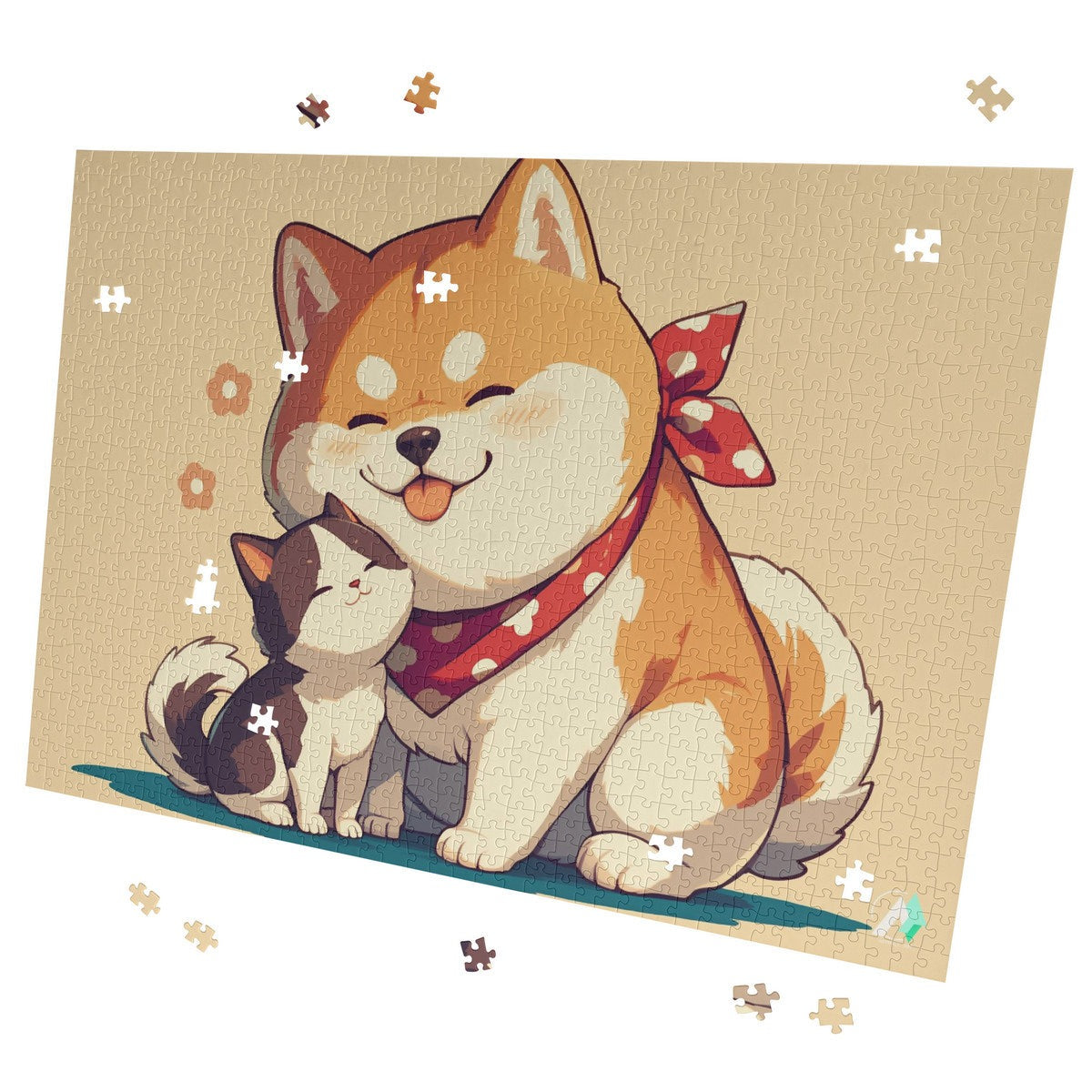 Chibi Shiba II Puzzle featuring a whimsical dog and cat illustration, available in 500 or 1000 pieces, crafted from premium ivory cardboard.