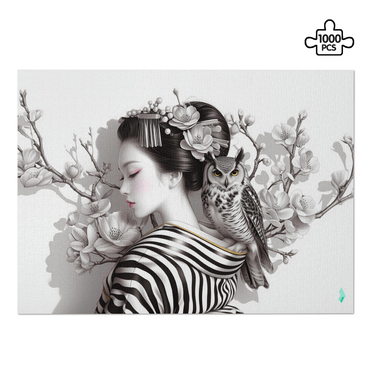 Geisha Perch Puzzle features a woman with an owl on her shoulder, available in 500 or 1000 pieces, crafted from premium ivory cardboard.