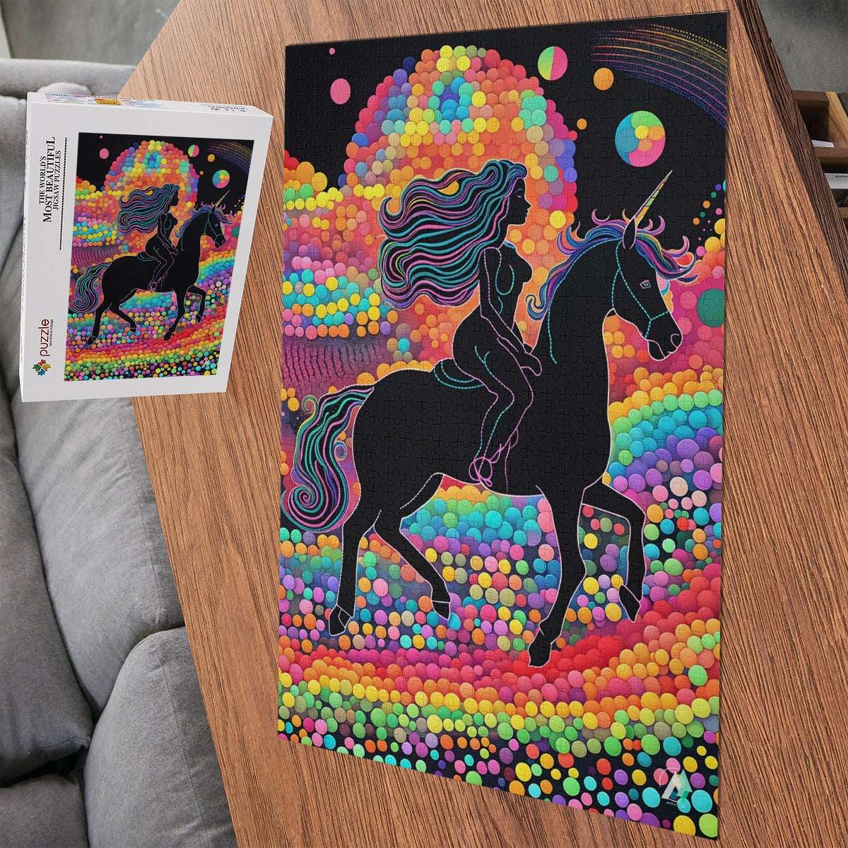 Rainbow Runner Puzzle featuring a woman riding a unicorn, available in 500 or 1000 pieces, crafted from premium ivory cardboard with a satin finish.