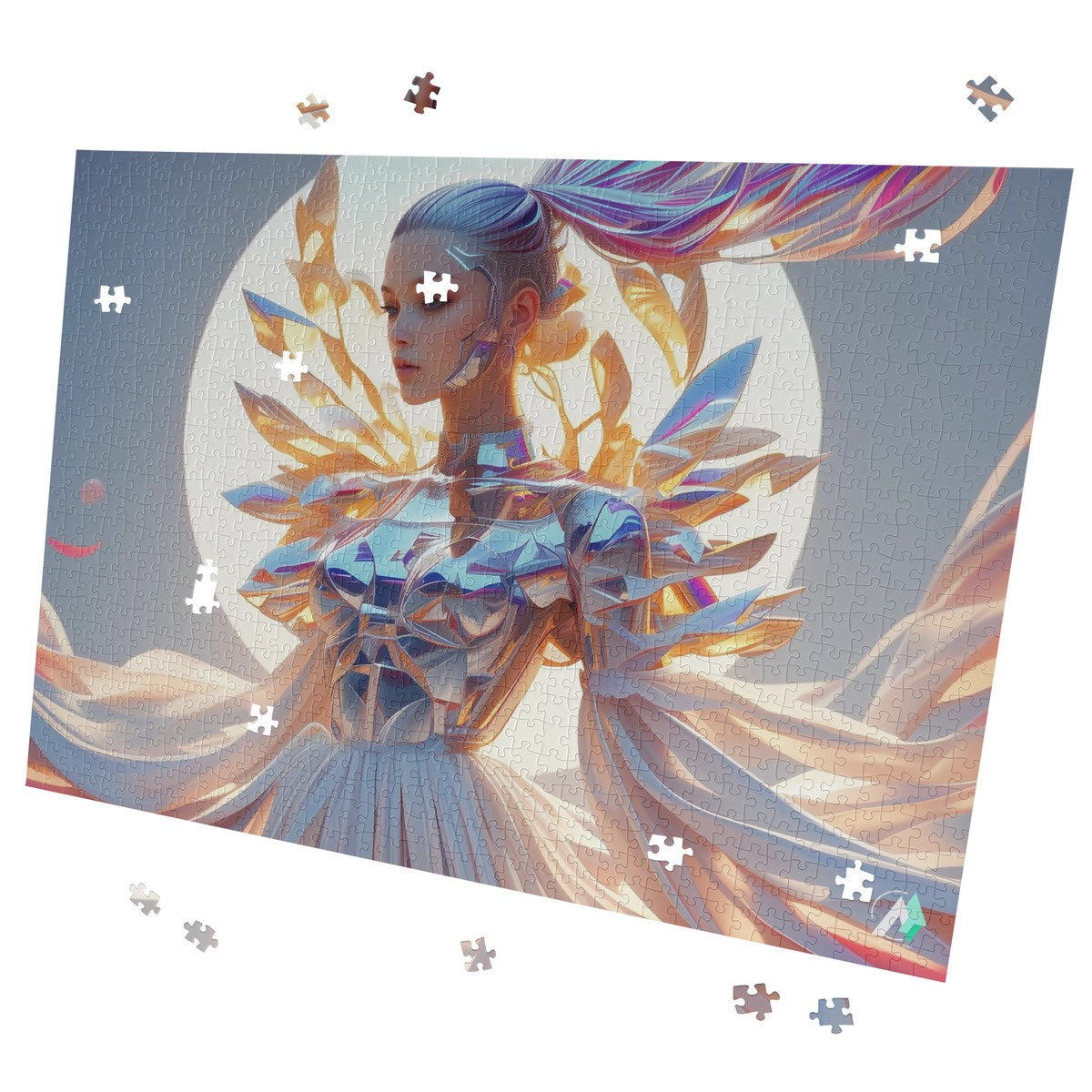 Amara-X III Puzzle features a futuristic woman in a stylish garment, part of a 500 or 1000-piece premium jigsaw puzzle.