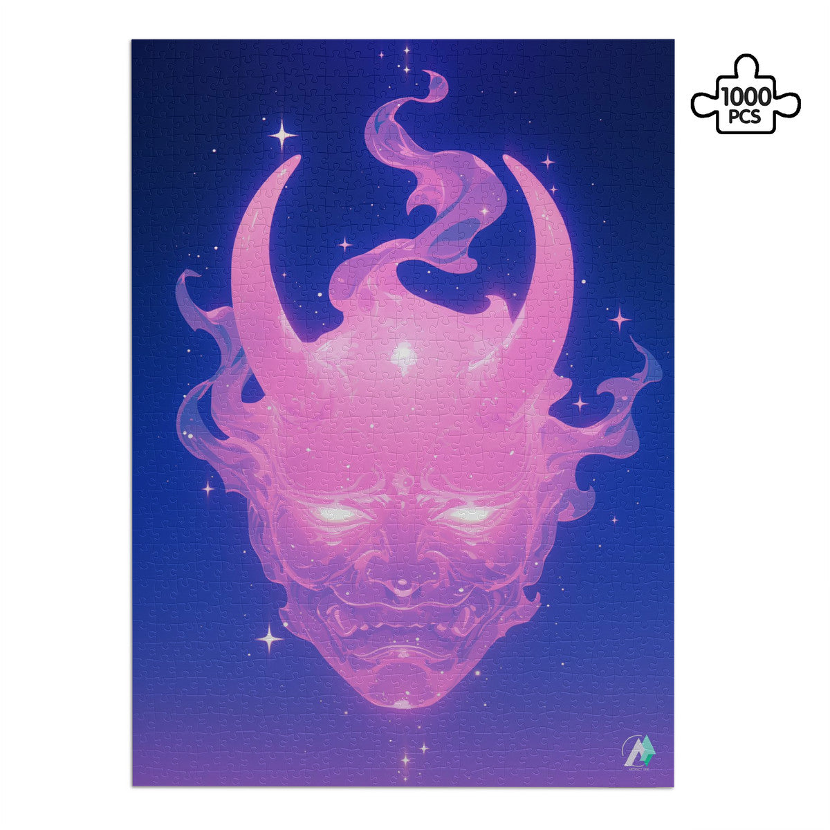 Oni Spirit Mask VI Puzzle, depicting a face with horns, available in 500 or 1000 pieces, crafted from premium ivory cardboard with a satin finish.