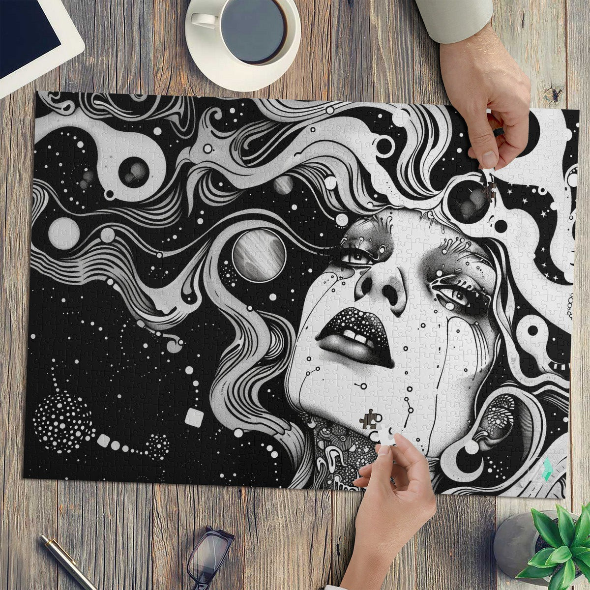 Discernment II Puzzle featuring a woman's face illustration by @shinjoku13, available in 500 and 1000 pieces, premium cardboard with satin finish.