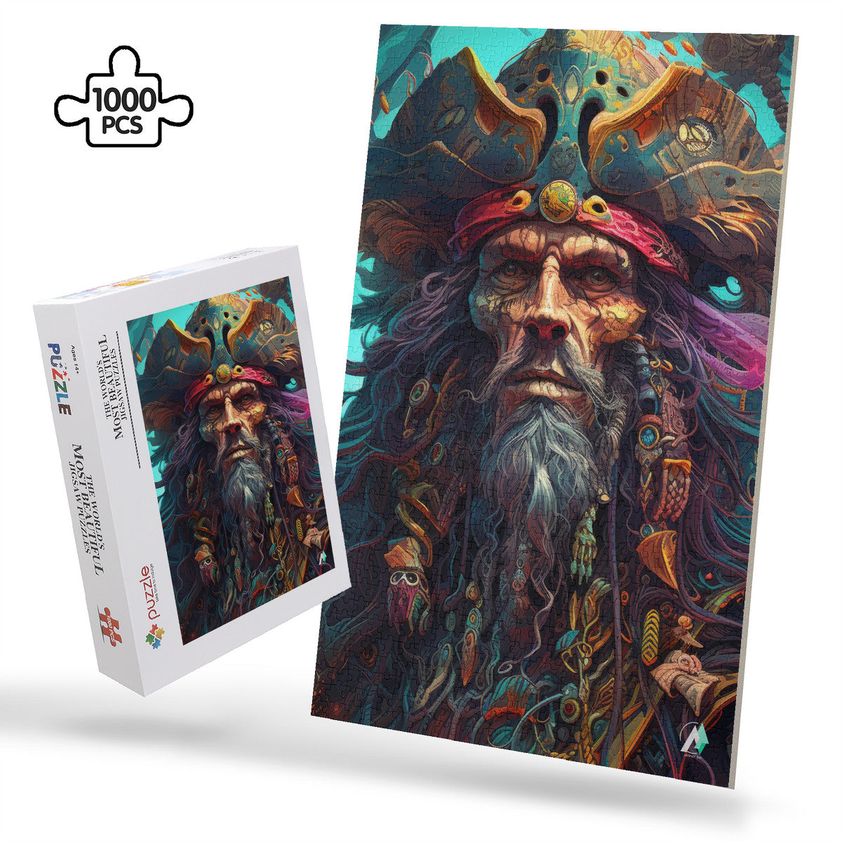 Pirate Lord II Puzzle: A 500 or 1000-piece jigsaw featuring a bearded man with a pirate hat, crafted from premium ivory cardboard.