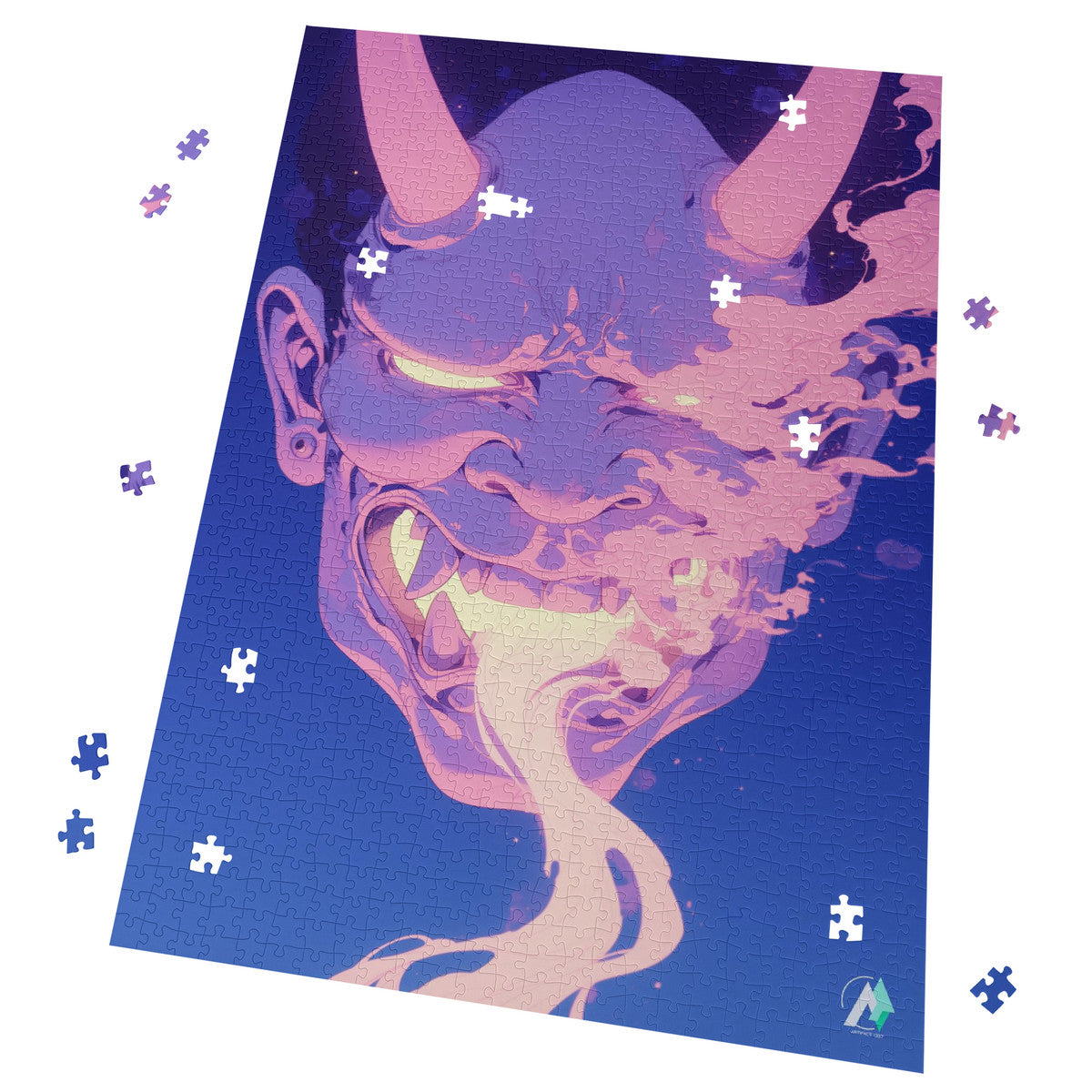 Oni Spirit Mask IX Puzzle: Jigsaw puzzle featuring a horned face with tongue out, available in 500 or 1000 pieces. Art by @shinjoku13.