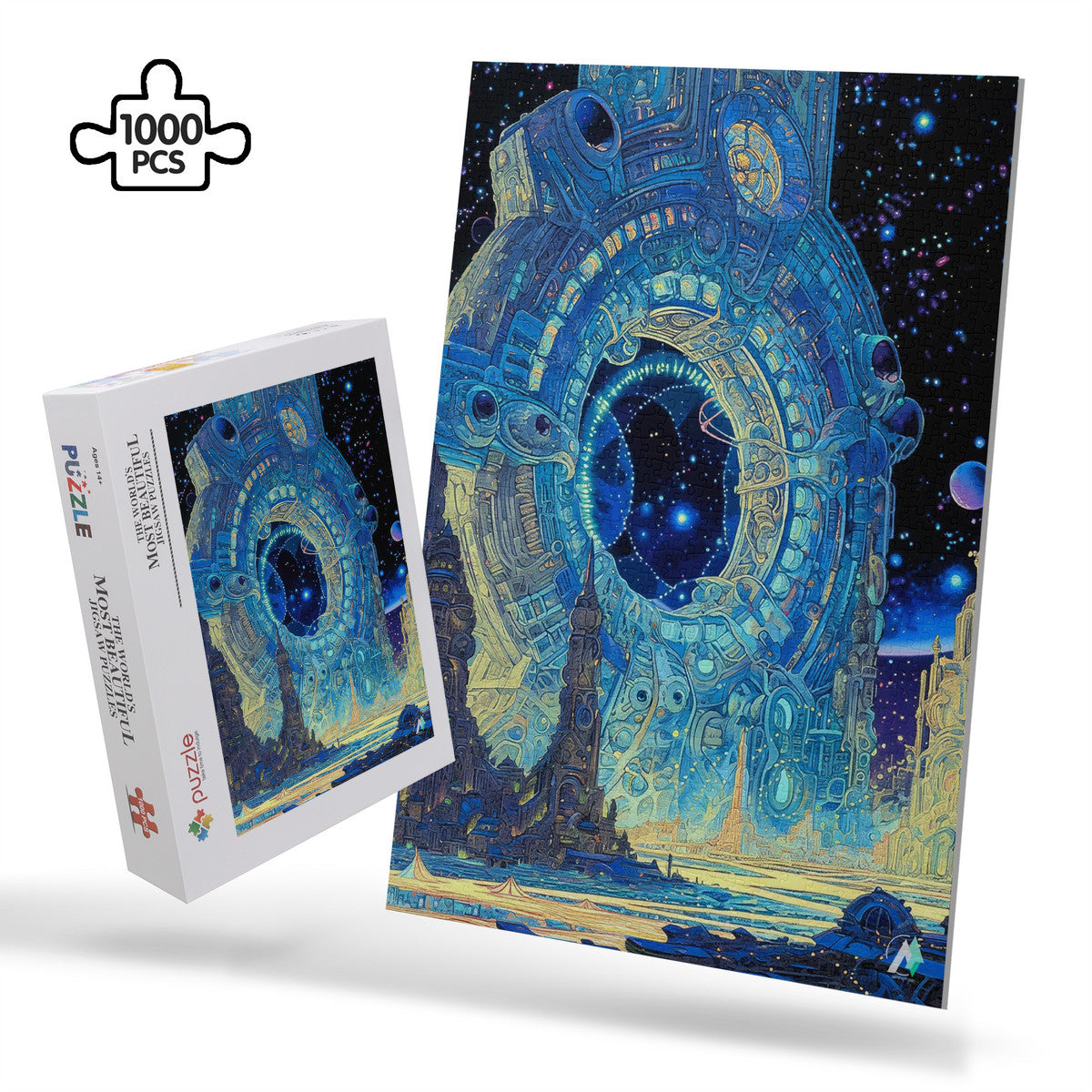Galleria Galactica VI Puzzle: A circular space gate with city backdrop, available in 500 or 1000 pieces, crafted from premium ivory cardboard.