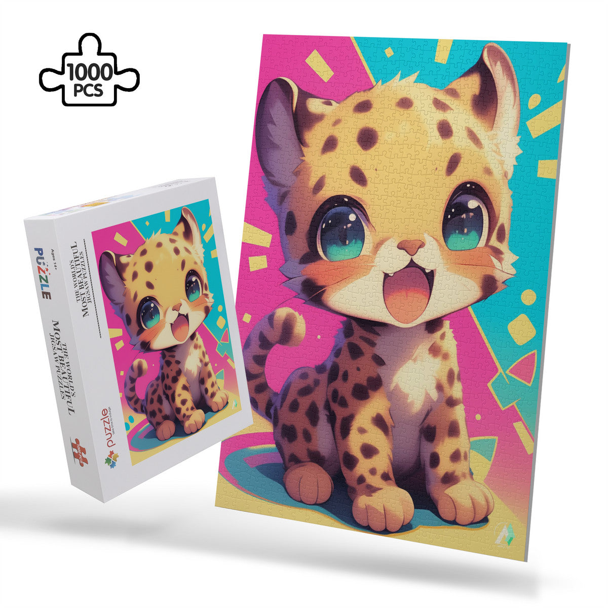 Chibi Safari Cheetah Puzzle features a cartoon cat-themed jigsaw puzzle, available in 500 or 1000 pieces, crafted from premium ivory cardboard.