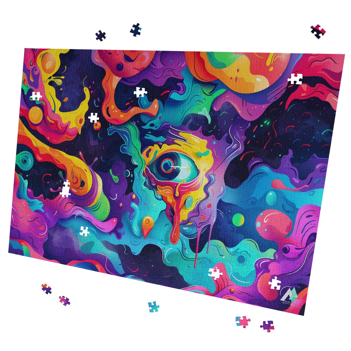 Dreamweaver's Gaze I Puzzle featuring a vibrant abstract design, available in 500 or 1000 pieces, crafted from premium ivory cardboard with satin finish.