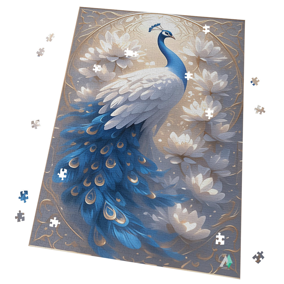 Peacock Nouveau I Puzzle featuring intricate peacock artwork by @shinjoku13, available in 500 and 1000 pieces, crafted from premium ivory cardboard.
