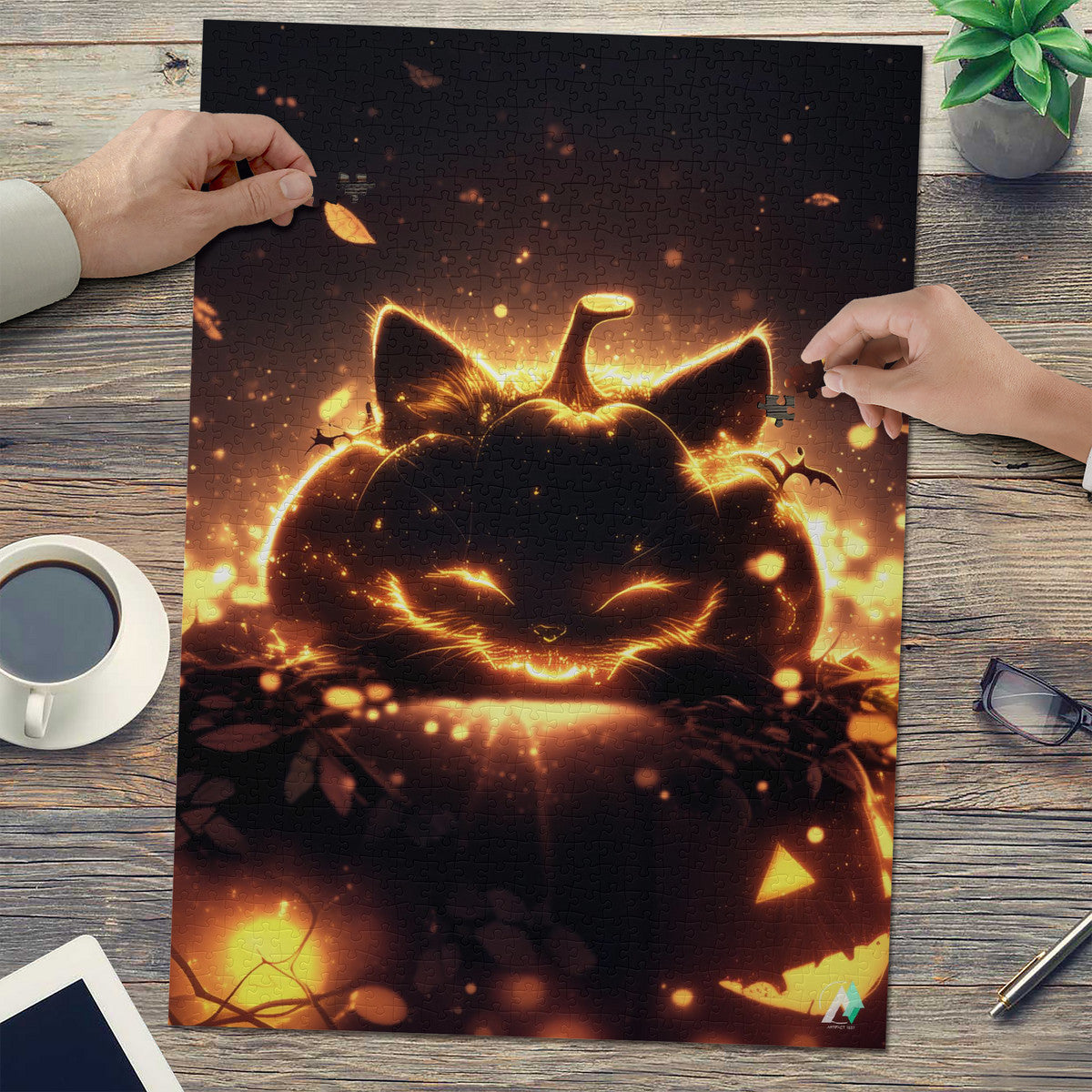 Cat-O'-Lantern Puzzle featuring a pumpkin with cat ears, available in 500 or 1000 pieces, crafted from premium ivory cardboard.