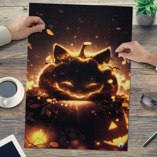 Cat-O'-Lantern Puzzle featuring a pumpkin with cat ears, available in 500 or 1000 pieces, crafted from premium ivory cardboard.