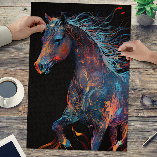 Embermane Puzzle features a detailed image of a horse, available in 500 or 1000 pieces, crafted from premium ivory cardboard with a satin finish.
