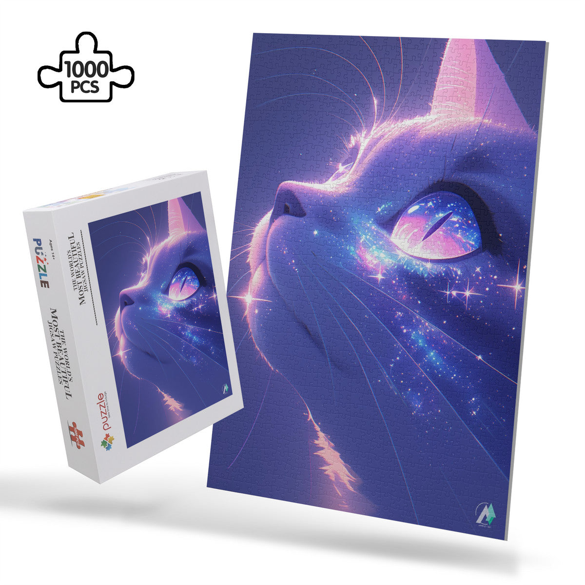 Milky Way Meow I Puzzle showcases a cat-themed jigsaw puzzle, available in 500 and 1000 pieces, crafted from premium ivory cardboard.