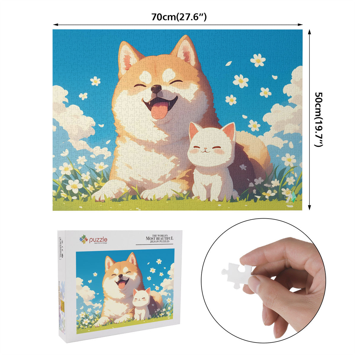 Chibi Shiba I Puzzle featuring a whimsical dog and cat design by artist @shinjoku13, available in 500 and 1000 pieces, crafted from premium ivory cardboard.