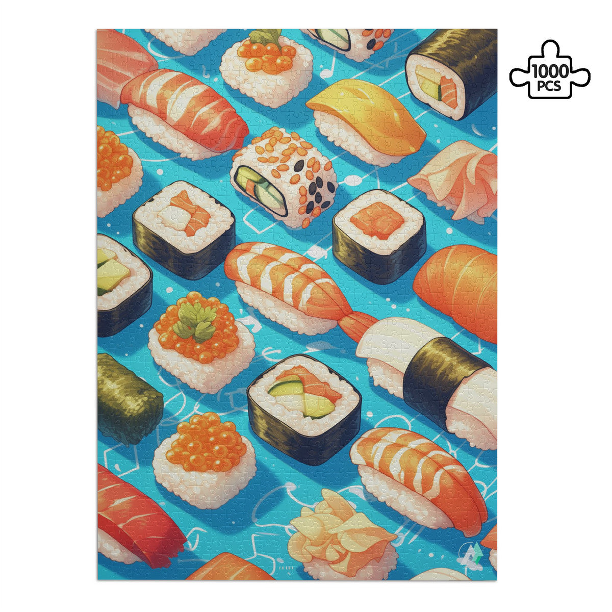 Sushi I Puzzle features intricate sushi-themed designs on premium ivory cardboard, available in 500 and 1000 pieces by artist @shinjoku13.