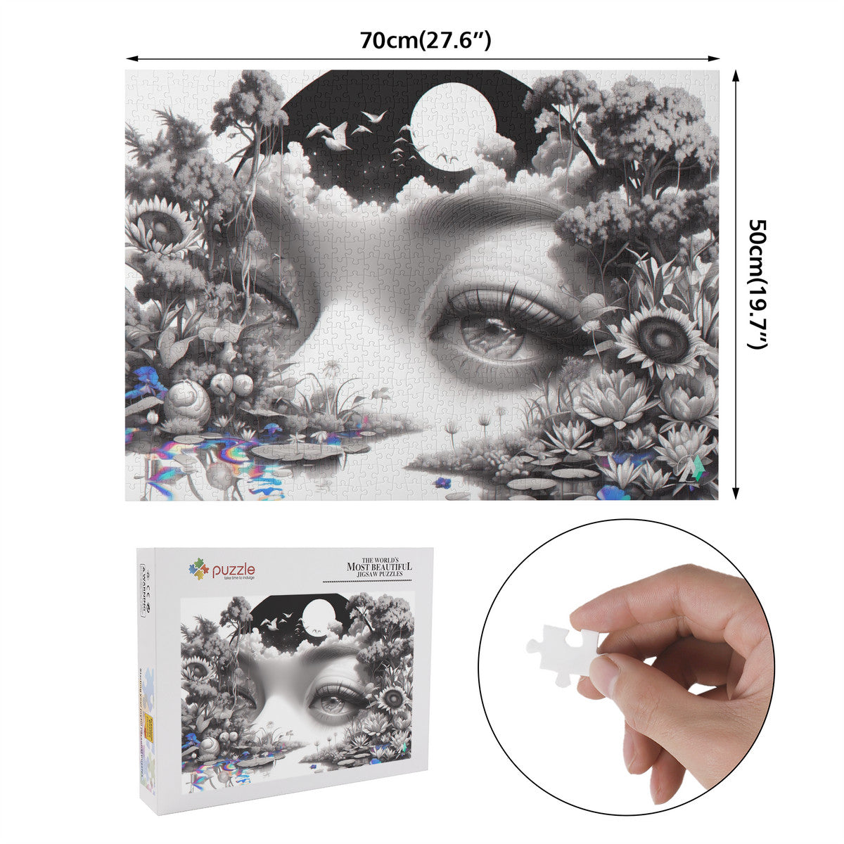 Peering Into II Puzzle features a woman's face surrounded by flowers, capturing surreal artistry. Available in 500 or 1000 pieces for a challenging experience.
