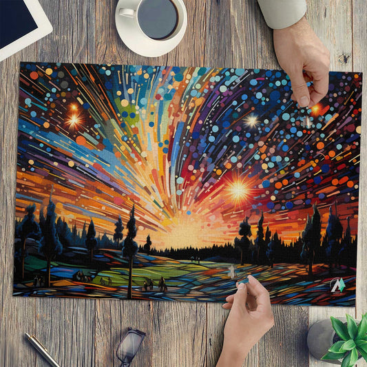 Meteor Shower Puzzle featuring vibrant artwork by @aihabit, available in 500 and 1000 pieces, crafted from premium ivory cardboard with satin finish.