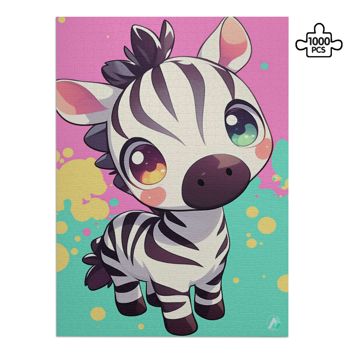 Chibi Safari Zebra Puzzle featuring a cartoon zebra illustration by artist @shinjoku13, available in 500 and 1000 pieces, made from premium ivory cardboard.