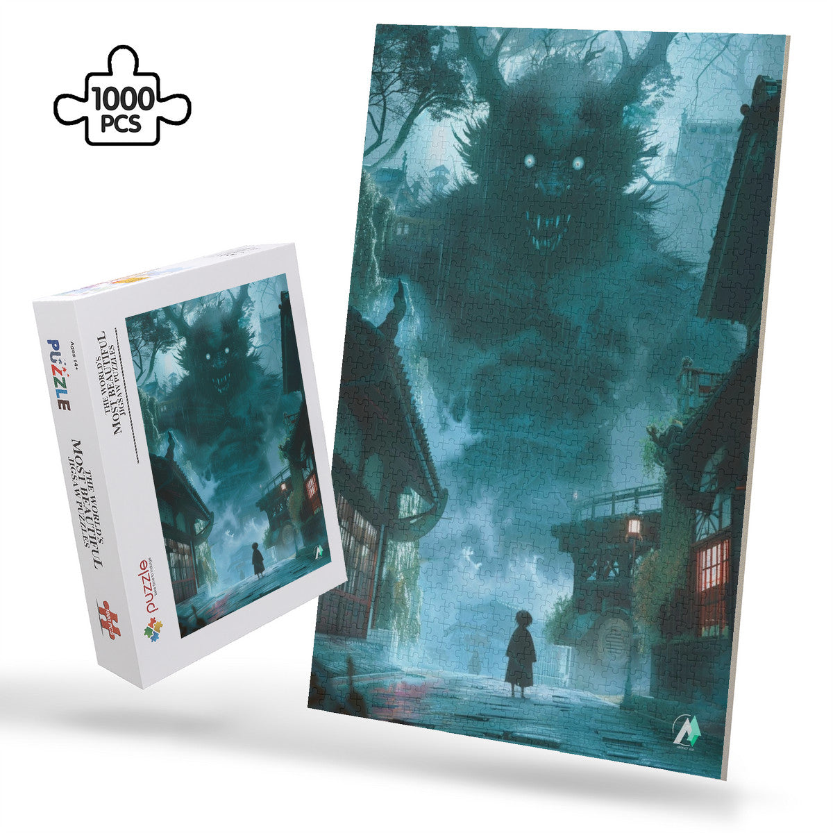 The Yokai Mystiques I Puzzle featuring a monster design, available in 500 and 1000 pieces, crafted from premium ivory cardboard with a satin finish.