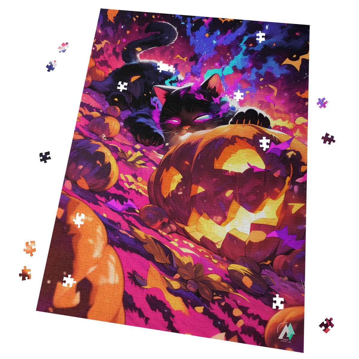 Puzzle featuring a cat and pumpkin, titled Pumpkin Patch Pirate II, available in 500 or 1000 pieces, crafted on premium ivory cardboard.