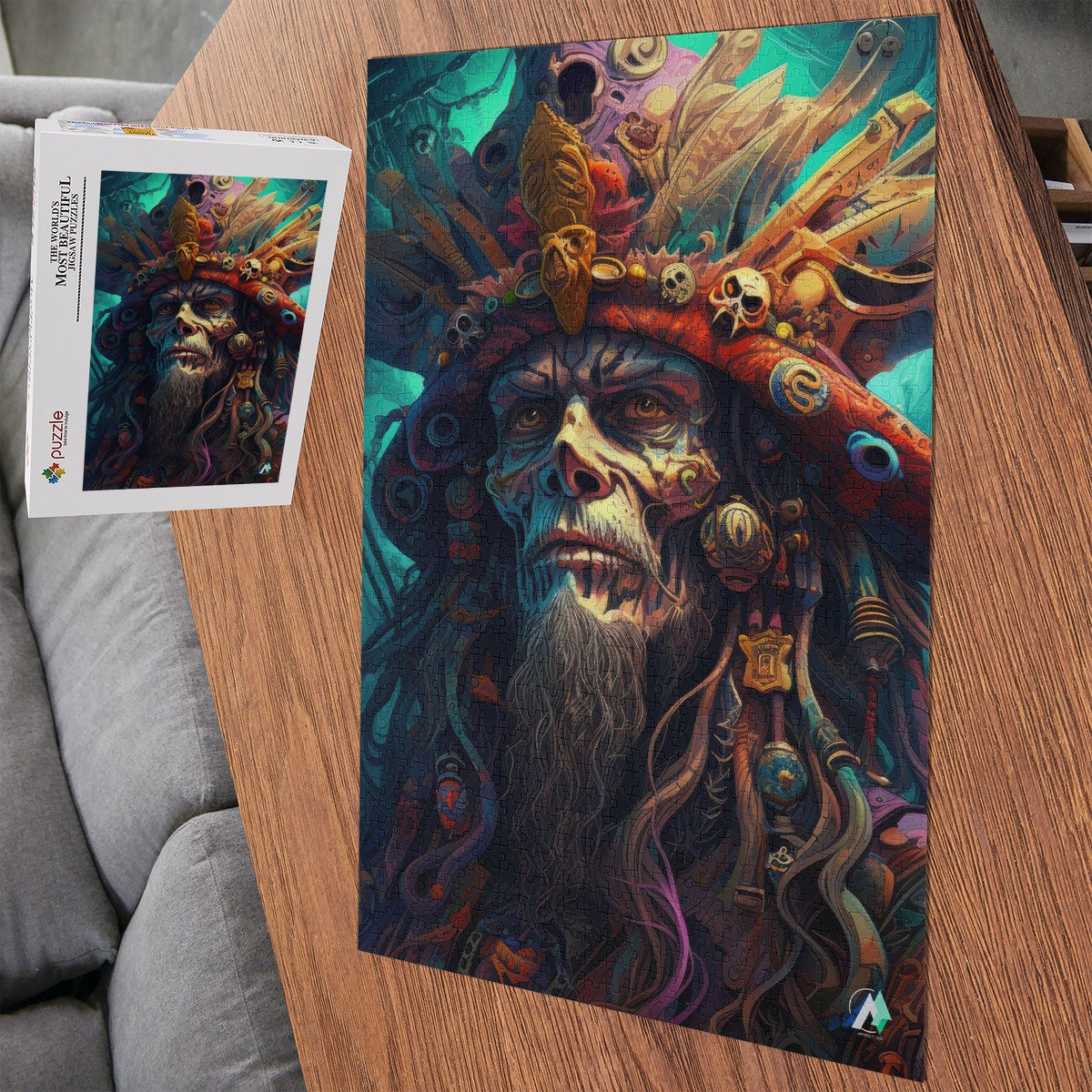 Pirate Lord III Puzzle: A 500 or 1000-piece jigsaw featuring a bearded man with a pirate hat, crafted from premium ivory cardboard.