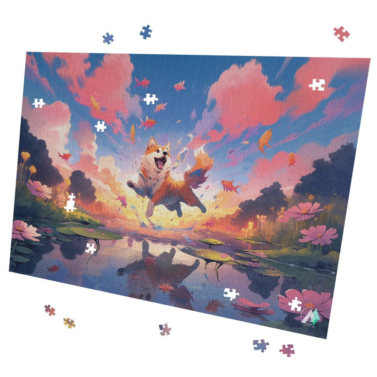 Chibi Shiba VI Puzzle featuring a dog jumping with goldfish in a fantastical scene, available in 500 or 1000 pieces.