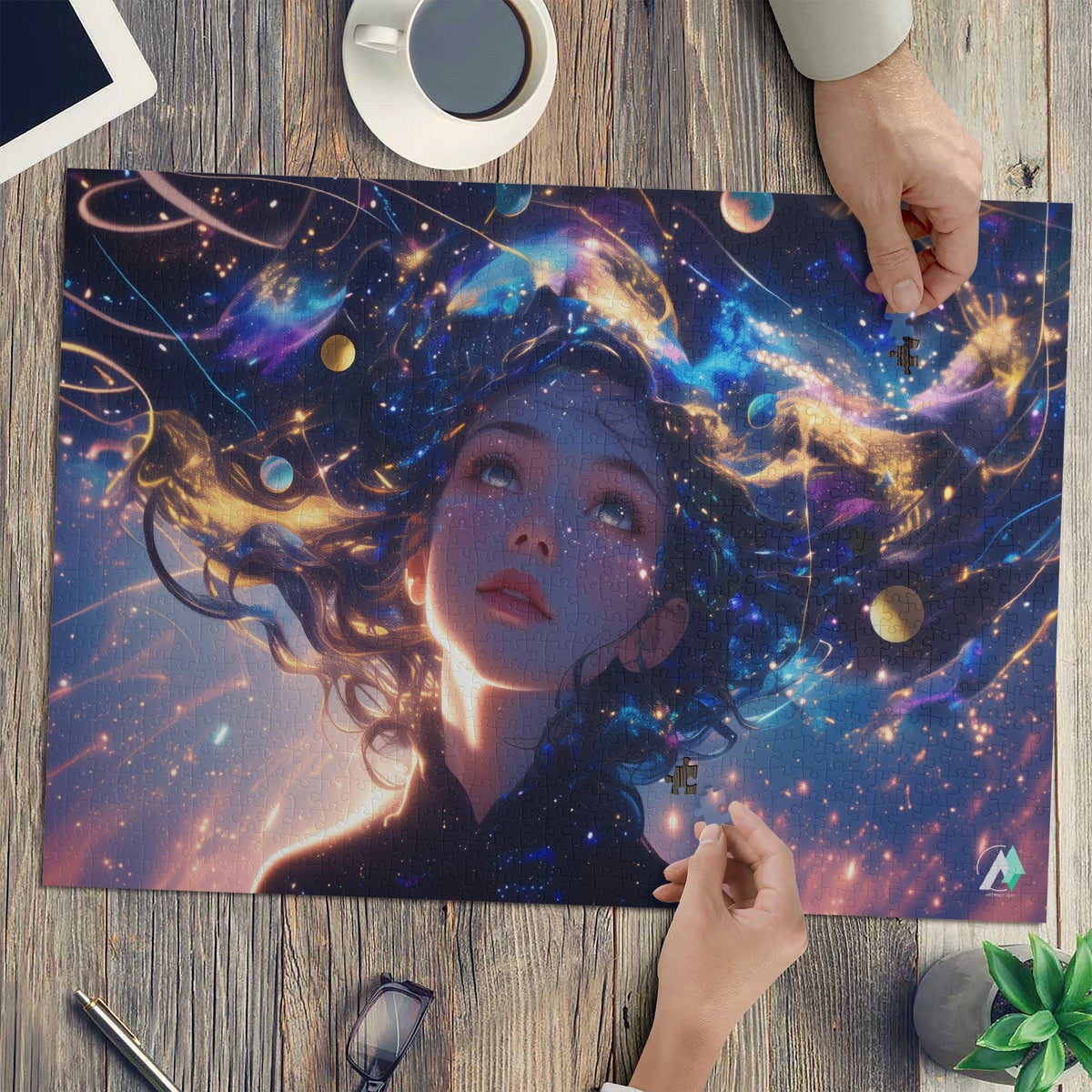 Cosmic Serenity II Puzzle features a colorful-haired girl in a fantastical scene, available in 500 or 1000 pieces, crafted on premium ivory cardboard.