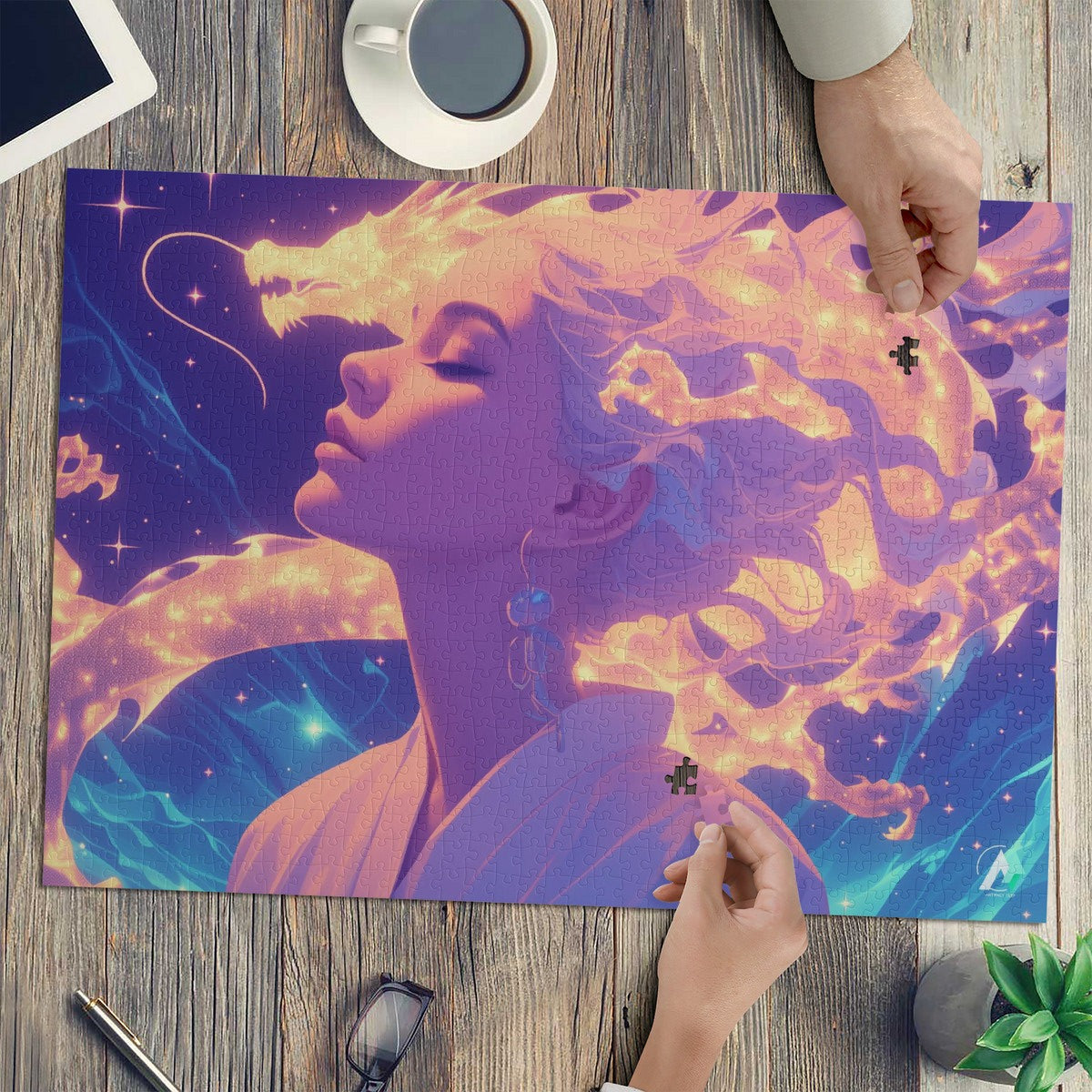 Supernal Connection Puzzle featuring a woman with dragon-like hair, available in 500 and 1000 pieces, crafted from premium ivory cardboard.