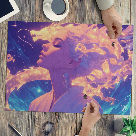 Supernal Connection Puzzle featuring a woman with dragon-like hair, available in 500 and 1000 pieces, crafted from premium ivory cardboard.