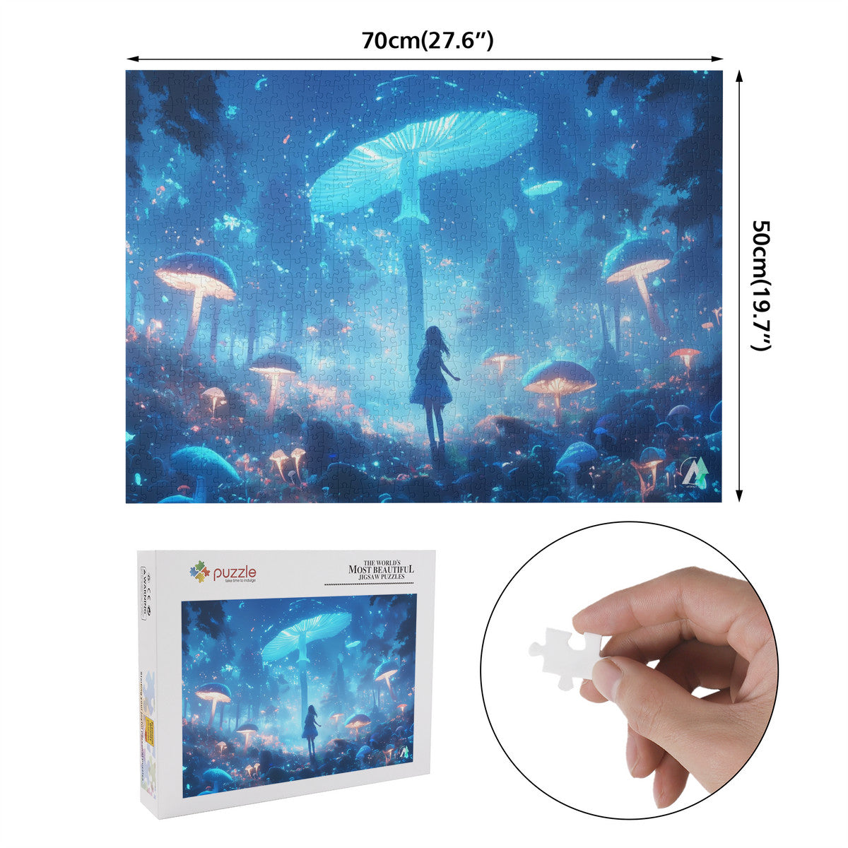 Forest of Magic VII Puzzle: A mystical girl in a mushroom-filled forest, available in 500 or 1000 pieces, featuring premium ivory cardboard with satin finish.