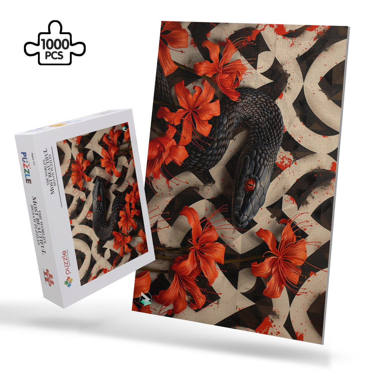Hibiscus Serpent Puzzle featuring a snake entwined with flowers, available in 500 or 1000 pieces, crafted from premium ivory cardboard.