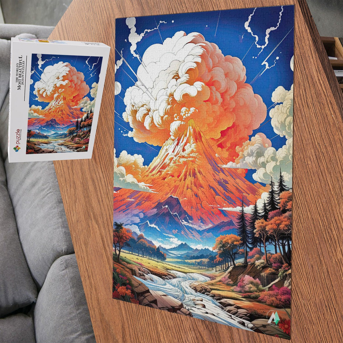 Summit Eruption Puzzle featuring a volcano scene, crafted from premium ivory cardboard. Available in 500 and 1000 pieces, showcasing artwork by @iguana_nick.