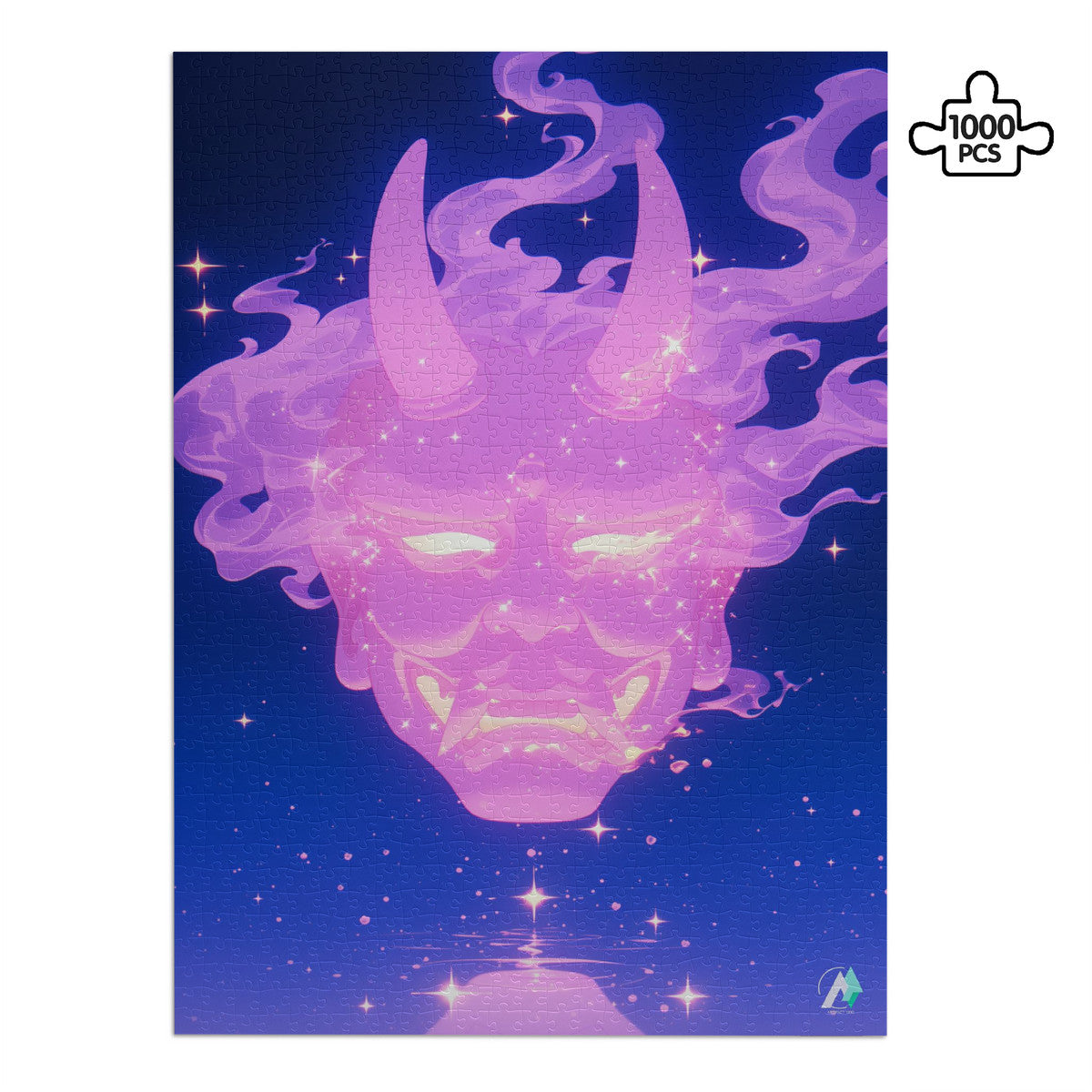 Oni Spirit Mask VII Puzzle featuring a horned face, available in 500 and 1000 pieces, crafted from premium ivory cardboard with a satin finish.