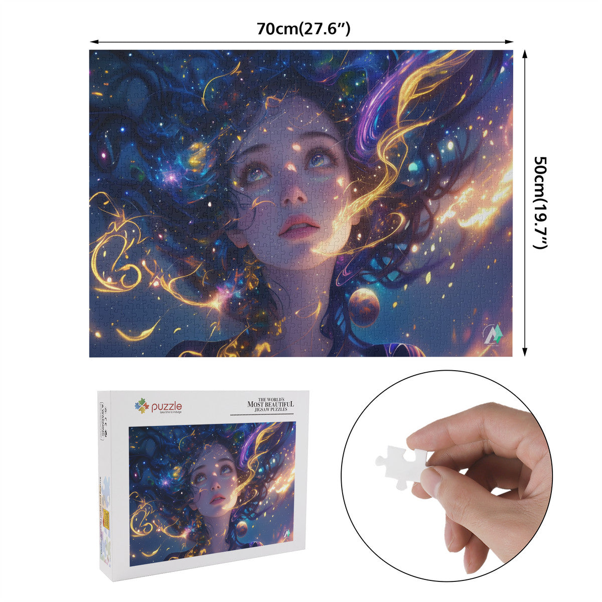 Cosmic Serenity I Puzzle features a colorful-haired girl in a fantastical scene, available in 500 or 1000 pieces, crafted on premium ivory cardboard.
