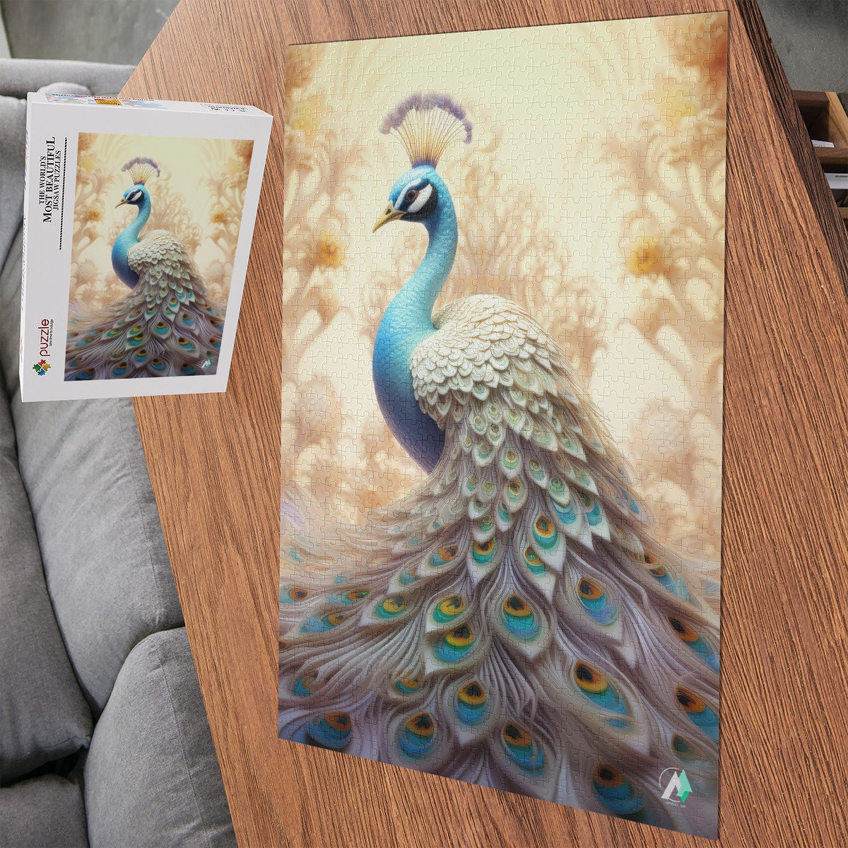 The Peacock Emperor Puzzle, featuring a detailed peacock design, available in 500 and 1000 pieces, crafted from premium ivory cardboard with a satin finish.